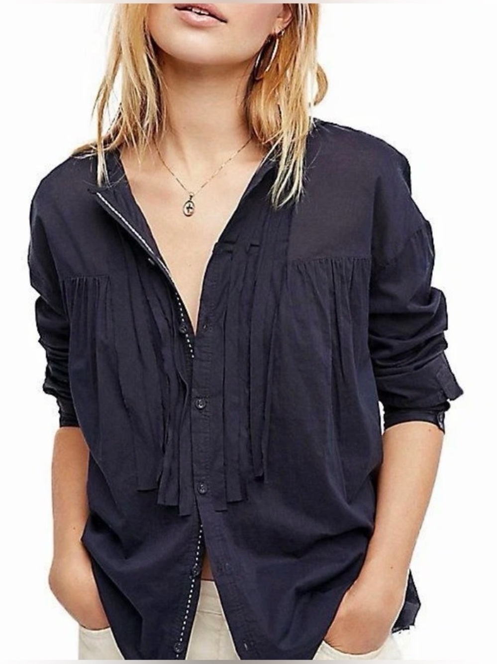 Free People Navy Ruffle-Trim Button-Down Blouse